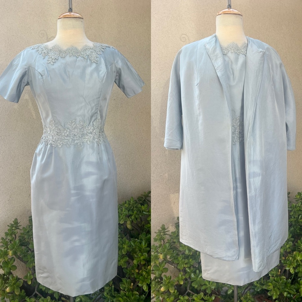 Vintage Wounded Bird 60s dress coat oufit soft blue silk blend lace Chudiks Sm